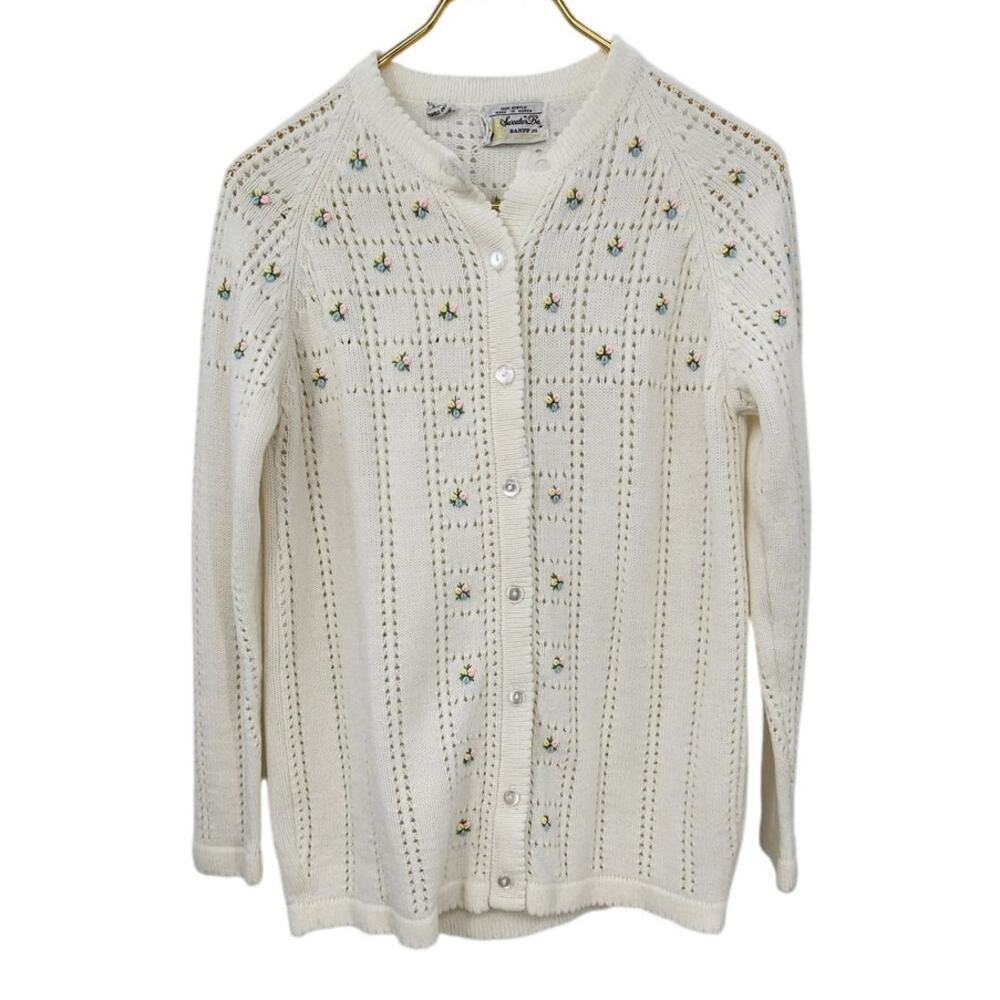 Vintage Dainty Elegant Open Knit White Floral Detail Cardigan Sweater Size Large